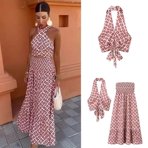 Top Halter da Donna E Gonna Maxi Stampata a Vita Alta Stampa Geometrica Bohemien Abiti da Vacanza in Spiaggia Estiva