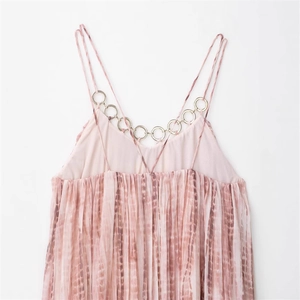 Pink pleated tie-dye straight dress with delicate chain straps and metal ring details