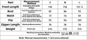 Size chart table for sleeveless polka dot long dress including bust and waist measurements