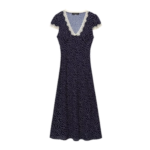 French style navy blue polka dot midi dress with V-neckline and delicate lace trim