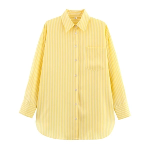 Relaxed yellow and white vertical striped long sleeve button down shirt for women