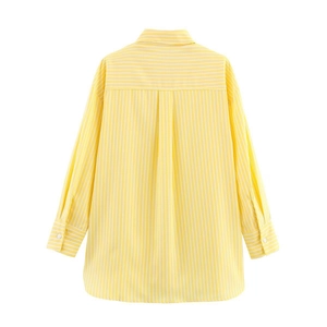 Back view of a casual yellow striped long sleeve shirt with back pleat details