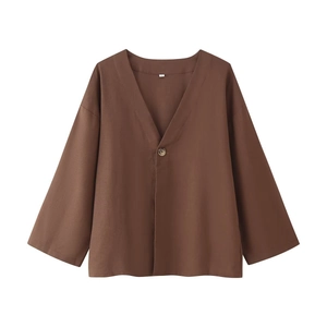 Brown long-sleeved linen blend v-neck set with single button and loose casual fit