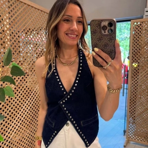 Women Sexy Denim Halter Neck Tank Top Silver Rivet Studded V Neck Sleeveless Backless Streetwear Jeans Vest Top
