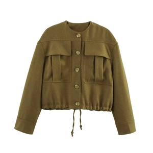 Olive green drawstring cropped cargo jacket with button-up front and large utility pockets
