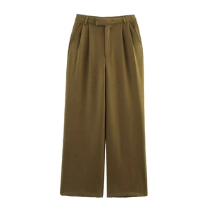 Deep olive green high-waisted wide-leg trousers with pleated detail and side pockets