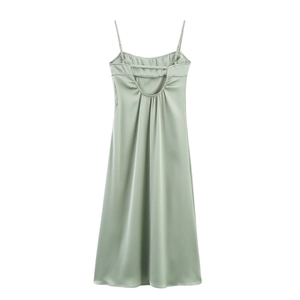 Elegant sage green satin backless slip dress with pleated details and thin straps