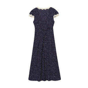 Navy blue polka dot dress with white lace trim and adjustable waist tie back view
