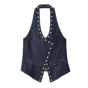 Deep blue denim halter vest with white rivet accents and asymmetric V-shape hem design