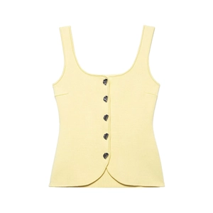 Pale yellow sleeveless knit vest with heart-shaped silver buttons and curved hem design