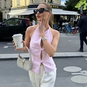 Women Sweet Halter Neck Top Hollow Out Bow Decoration Sleeveless Slim Fit Polyester Streetwear Summer Backless Fashion Vest