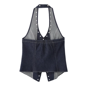 Deep indigo denim halter top with white contrast stitching and metallic studs detail