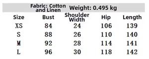 Size chart for V-neck linen sleeveless dress showing bust, shoulder, and hip measurements