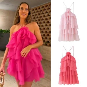Women Sexy Halter Mini Dress With 3D Flower Decoration Layered Ruffles Chiffon Backless Party Clubwear Summer Dresses