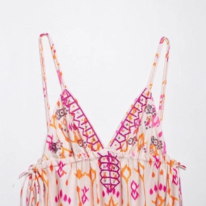 Bohemian V-neck camisole top with sequin floral embroidery and colorful ethnic prints
