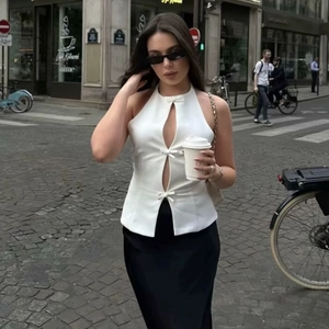 Elegant white halter top with bow accents and cutout details for women spring fashion