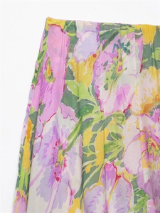 Close-up of floral print fabric and pleated waist detail on lightweight maxi skirt