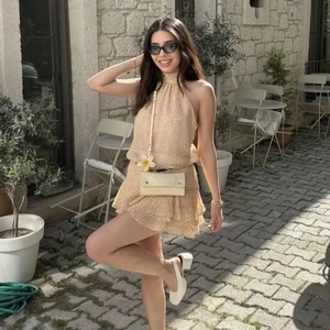 Abito Mini da Donna Floreale con Scollo all'Americana Senza Maniche a Balze in Chiffon Prendisole Estivo Casual Vacanza Schiena Scoperta