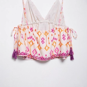 Bohemian sequin embroidery floral camisole with purple fringe tassels and drawstrings