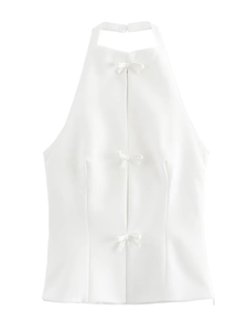 White halter neck sleeveless top with three sweet bow details for a minimal chic style