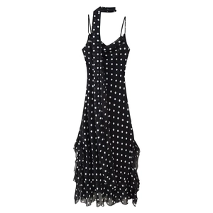 Polka dot sleeveless maxi dress with halter neck and ruffled hem including scarf