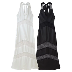 Elegant satin halter maxi dress with lace splicing available in black and white colors