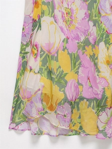Detailed macro view of vibrant floral print on lightweight summer chiffon dress fabric