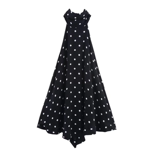 Vestito Lungo da Donna Elegante a Pois Neri Allacciato al Collo Senza Maniche Schiena Scoperta Retro Linea A per Feste