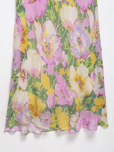 Macro detail of high-quality chiffon fabric with soft pastel floral print patterns