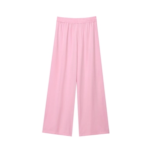 Pink wide-leg trousers featuring an elastic waistband and smooth drape fabric details
