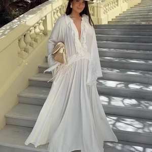 Damen V-Ausschnitt Rüschen Maxi Kleid Glockenärmel Gesmokte Taille Einfarbig Bohemian Urlaub A-Linie Casual Langes Kleid