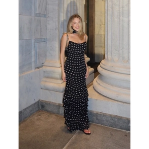 Elegant Polka Dot Maxi Dress For Women Sleeveless Halter Neck Ruffle Mermaid Hem Bodycon Long Dress With Matching Neck Scarf