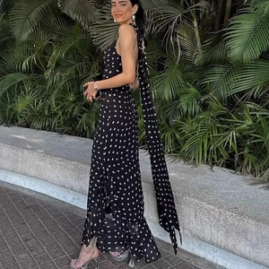 Polka dot halter neck maxi dress with long neck ties and mermaid hemline