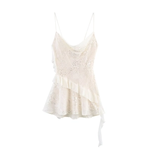 Robe à Bretelles Élégante Blanche à Paillettes Femme Col en V Volants Mini Robe de Soirée Sans Manches Ourlet Asymétrique Cocktail