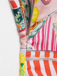 Detail shot of the invisible zipper closure on colorful floral print linen dress