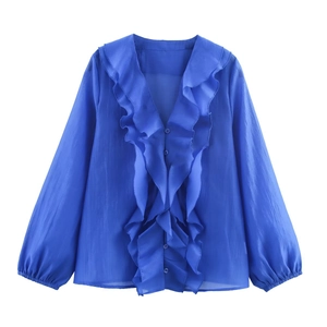 Elegant royal blue chiffon blouse with V-neck layered ruffles and long sleeves