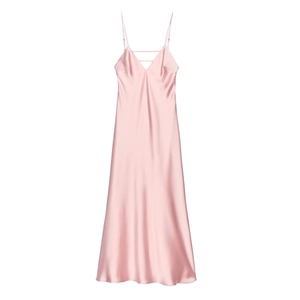 Pink satin midi dress for women featuring adjustable spaghetti straps and a V-neckline