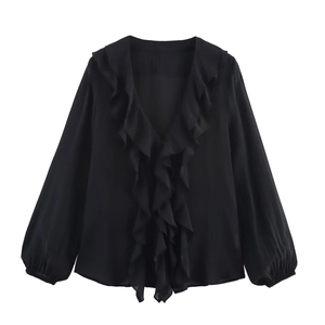 Elegant black V-neck chiffon blouse featuring layered ruffles and long puff sleeves