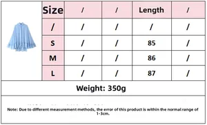 Size chart for blue cape-style dress showing length and weight for S, M, and L sizes