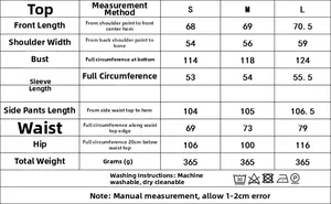 Guide des tailles pour ensemble femme avec mesures de poitrine, taille et longueur en cm