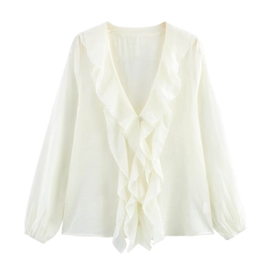 Elegant off-white chiffon blouse with layered ruffles, V-neck, and long lantern sleeves