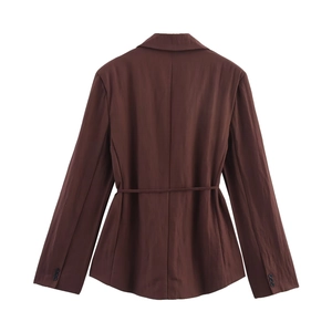 Rear view of brown striped blazer showing smooth shoulder lines and adjustable waist belt