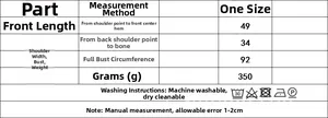 Detailed size chart for shell vest showing length 49cm, bust 92cm and shoulder 34cm