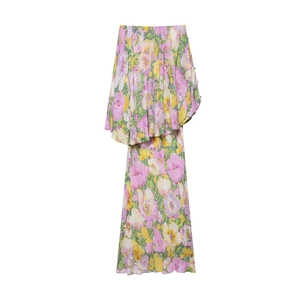 Women Floral Print Tube Top Asymmetric Maxi Dress Mesh Ruffle Strapless Long Dress For Summer Beach Vacation Party Dress