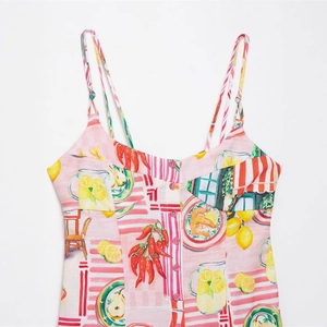 Women's pink striped floral maxi dress with lemon and chili print for spring vacation