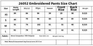 Size chart for women's striped cotton trousers with detailed waist and length measurements