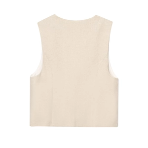 Detail view showing the back of a beige linen sleeveless vest with natural fabric texture