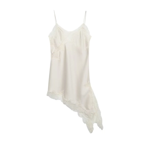Elegant cream satin slip dress featuring fine lace trim and an asymmetrical hemline