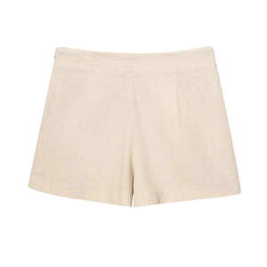 Detail of oat beige linen wide-leg shorts with natural texture and hidden zipper