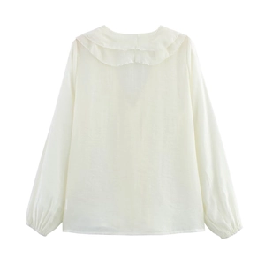 Back view of a white chiffon shirt with double layered ruffles and elastic puff sleeves